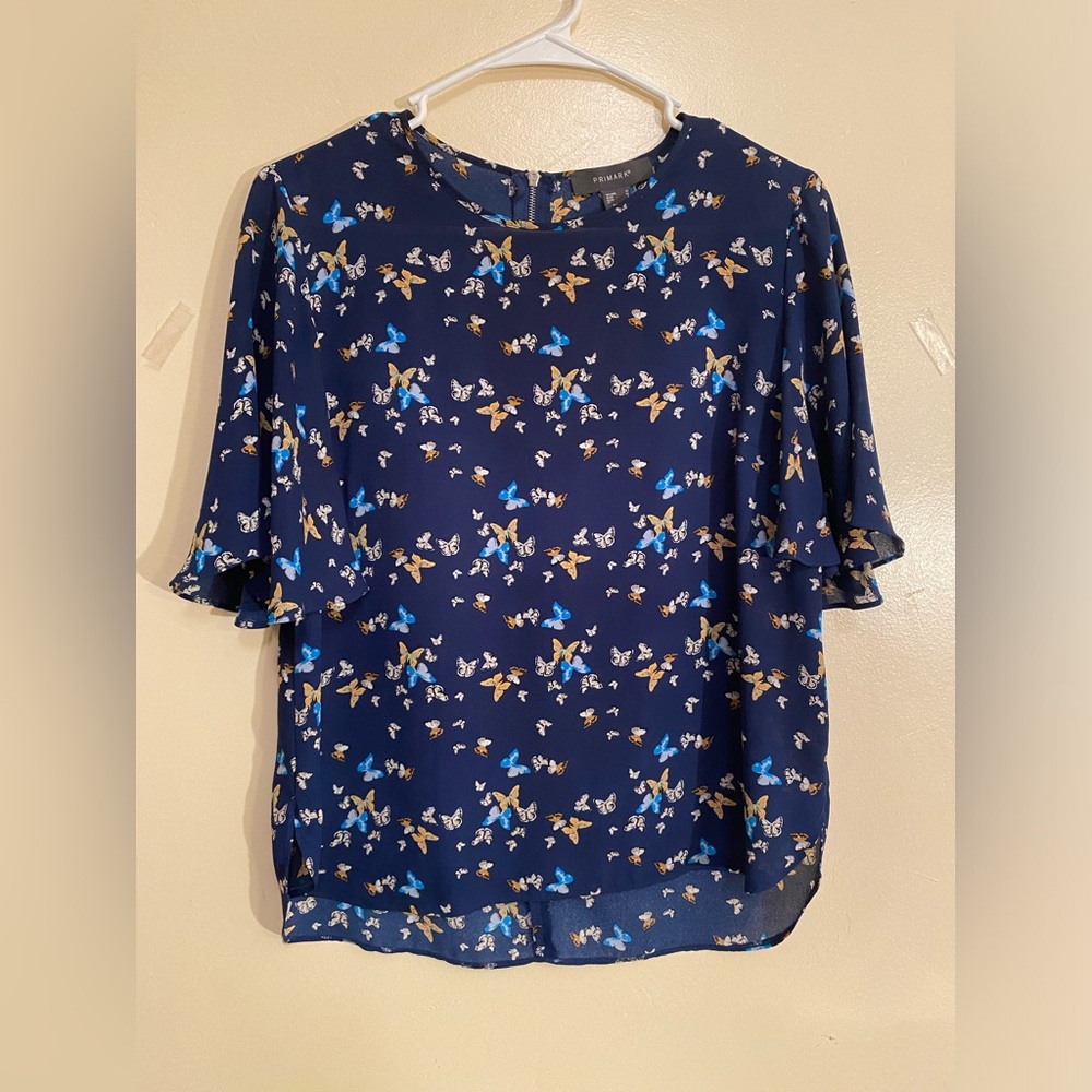 Primark Womens Top Sz 6 Blue Butterfly Print Short Sleeve Zip Close Blouse